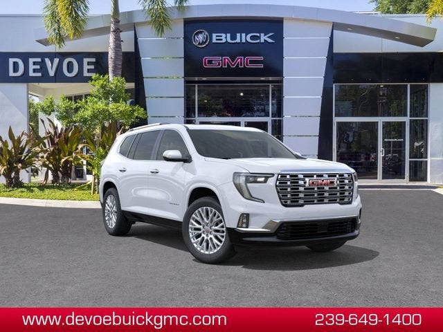2026 GMC Acadia Denali in Glacier White Tricoat — front three-quarter view