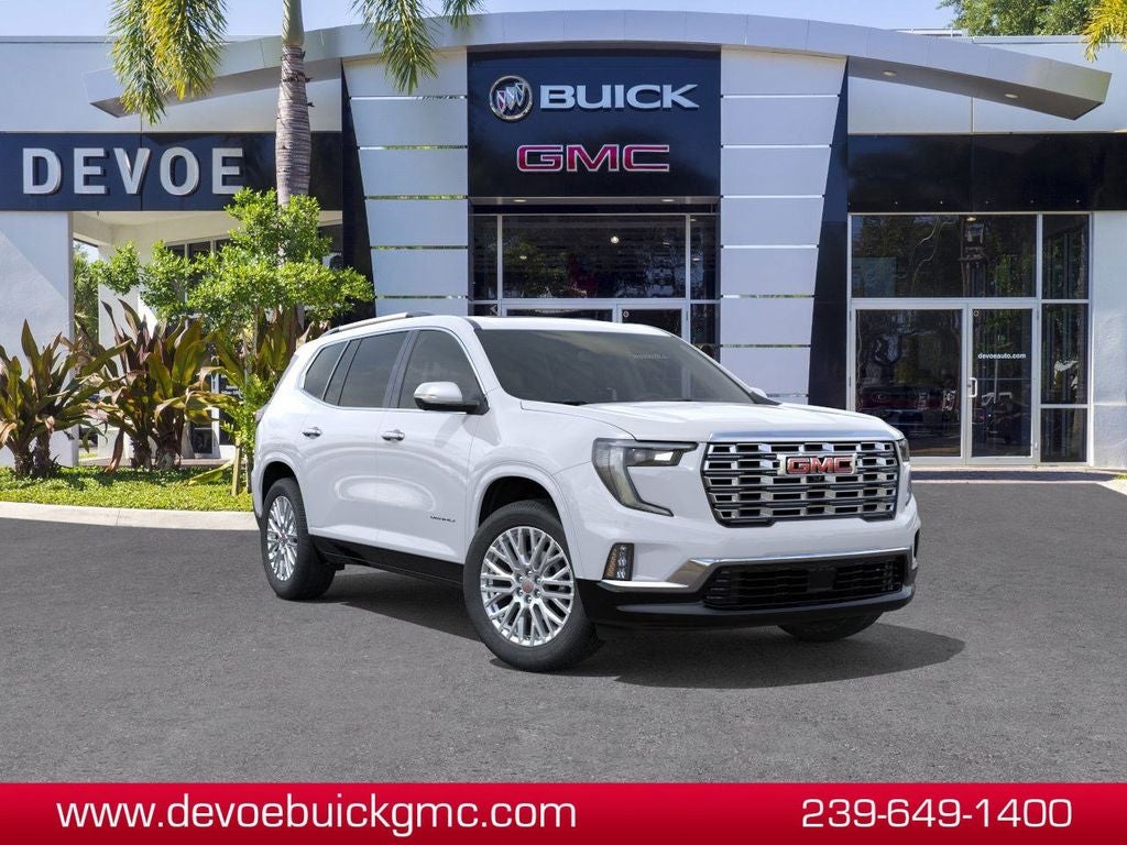 2026 GMC Acadia Denali in Glacier White Tricoat — front three-quarter view
